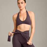 SoftMotion™ Minimal Halter Neck Bralette with Grey Logo | Dark Umber Brown