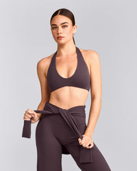 SoftMotion™ Minimal Halter Neck Bralette with Grey Logo | Dark Umber Brown