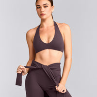 SoftMotion™ Minimal Halter Neck Bralette with Grey Logo | Dark Umber Brown