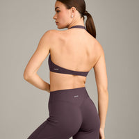 SoftMotion™ Minimal Halter Neck Bralette with Grey Logo | Dark Umber Brown