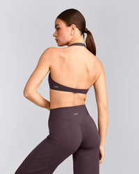 SoftMotion™ Minimal Halter Neck Bralette with Grey Logo | Dark Umber Brown