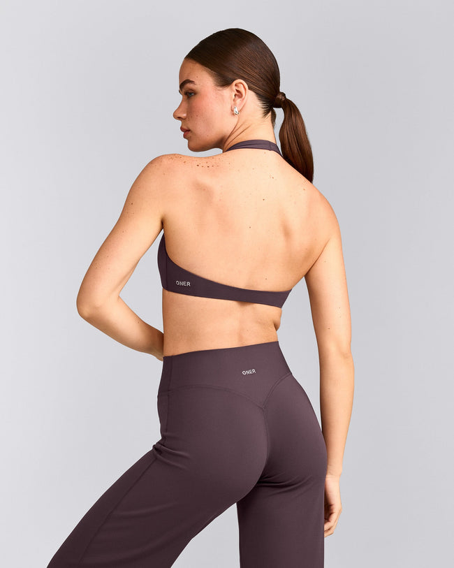 SoftMotion™ Minimal Halter Neck Bralette with Grey Logo | Dark Umber Brown