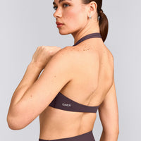 SoftMotion™ Minimal Halter Neck Bralette with Grey Logo | Dark Umber Brown