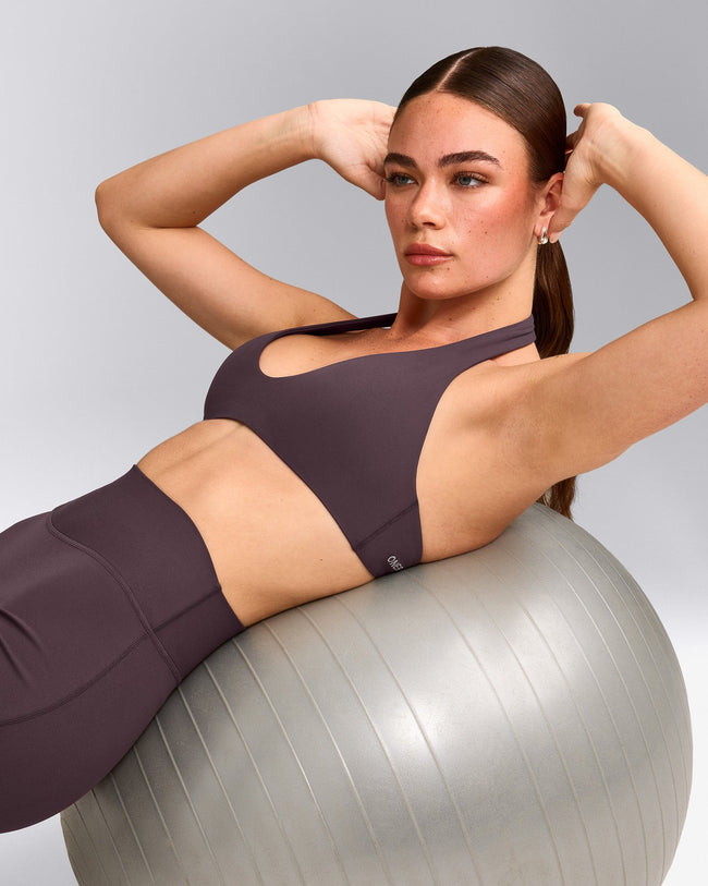 SoftMotion™ Minimal Halter Neck Bralette with Grey Logo | Dark Umber Brown