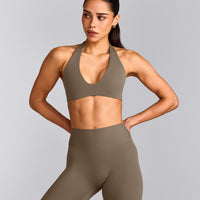 SoftMotion™ Minimal Halter Neck Bralette with Grey Logo | Moss Brown