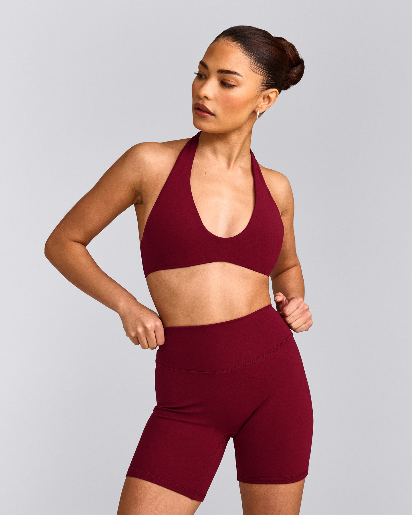 SoftMotion™ Minimal Halter Neck Bralette with Grey Logo | Ruby Red