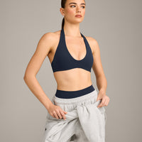 SoftMotion™ Minimal Halter Neck Bralette with Grey Logo | True Blue
