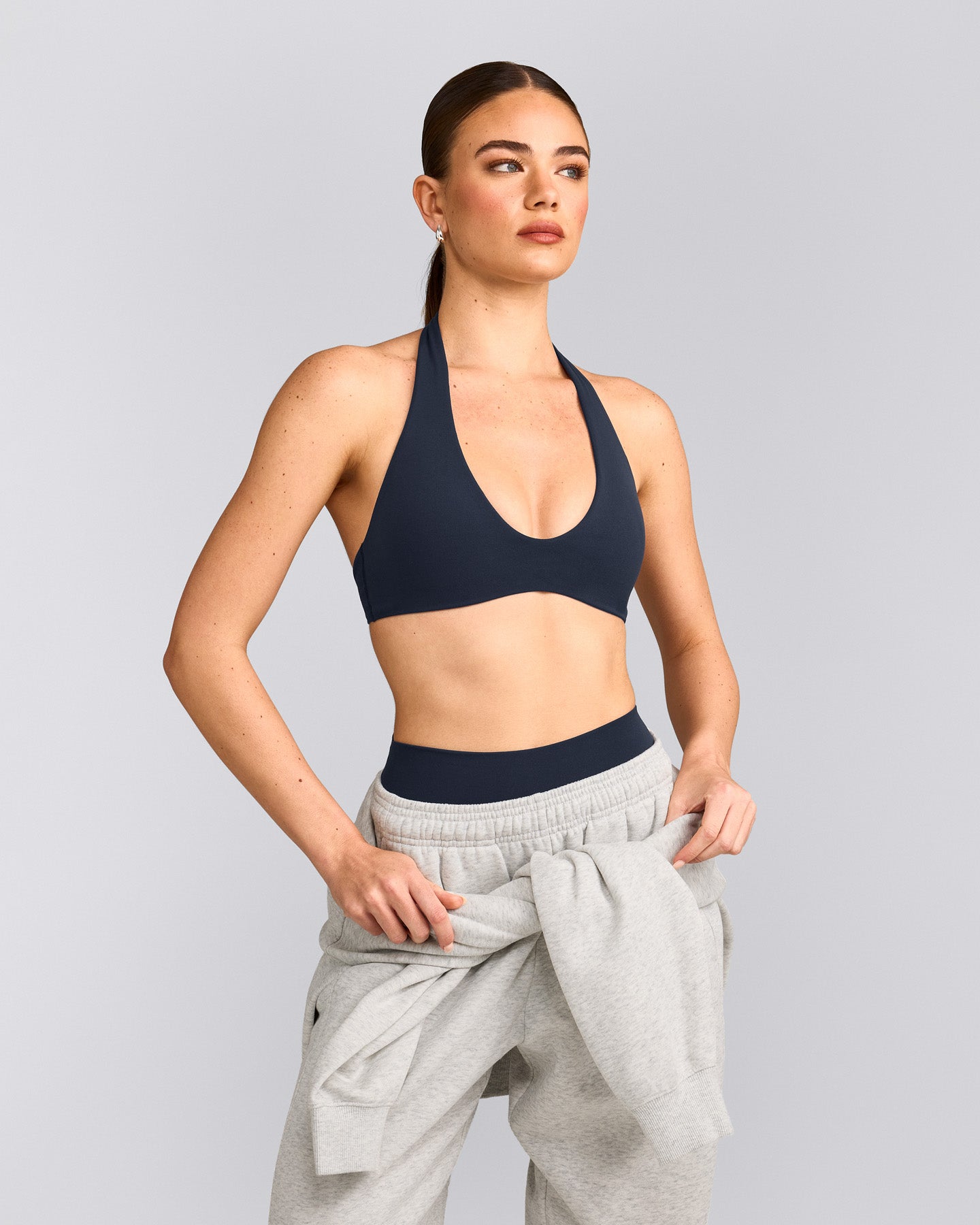 SoftMotion™ Minimal Halter Neck Bralette with Grey Logo | True Blue