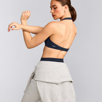 SoftMotion™ Minimal Halter Neck Bralette with Grey Logo | True Blue