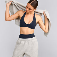 SoftMotion™ Minimal Halter Neck Bralette with Grey Logo | True Blue