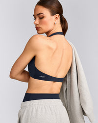 SoftMotion™ Minimal Halter Neck Bralette with Grey Logo | True Blue