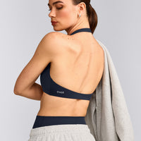 SoftMotion™ Minimal Halter Neck Bralette with Grey Logo | True Blue