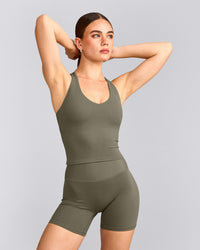 SoftMotion™ Racer Back Mid Vest with Built in Bra Shelf with Grey Logo | Alpine Green