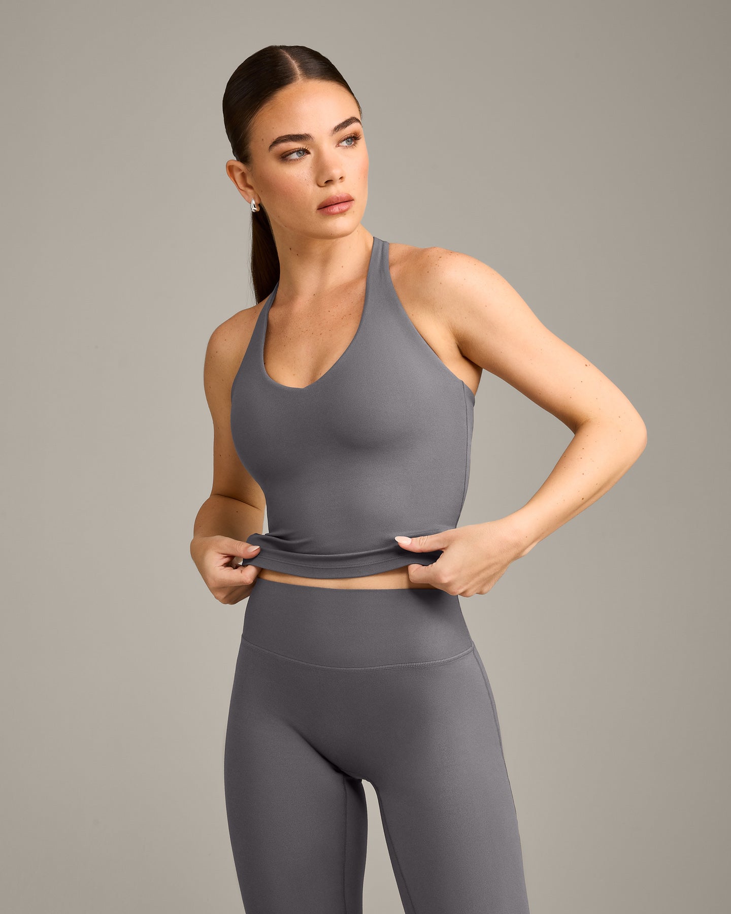 SoftMotion™ Racer Back Mid Vest with Built in Bra Shelf with Grey Logo | Ash Grey