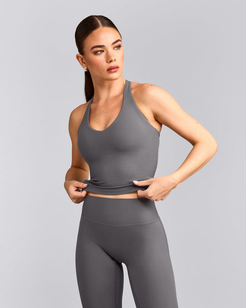 SoftMotion™ Racer Back Mid Vest with Built in Bra Shelf with Grey Logo | Ash Grey