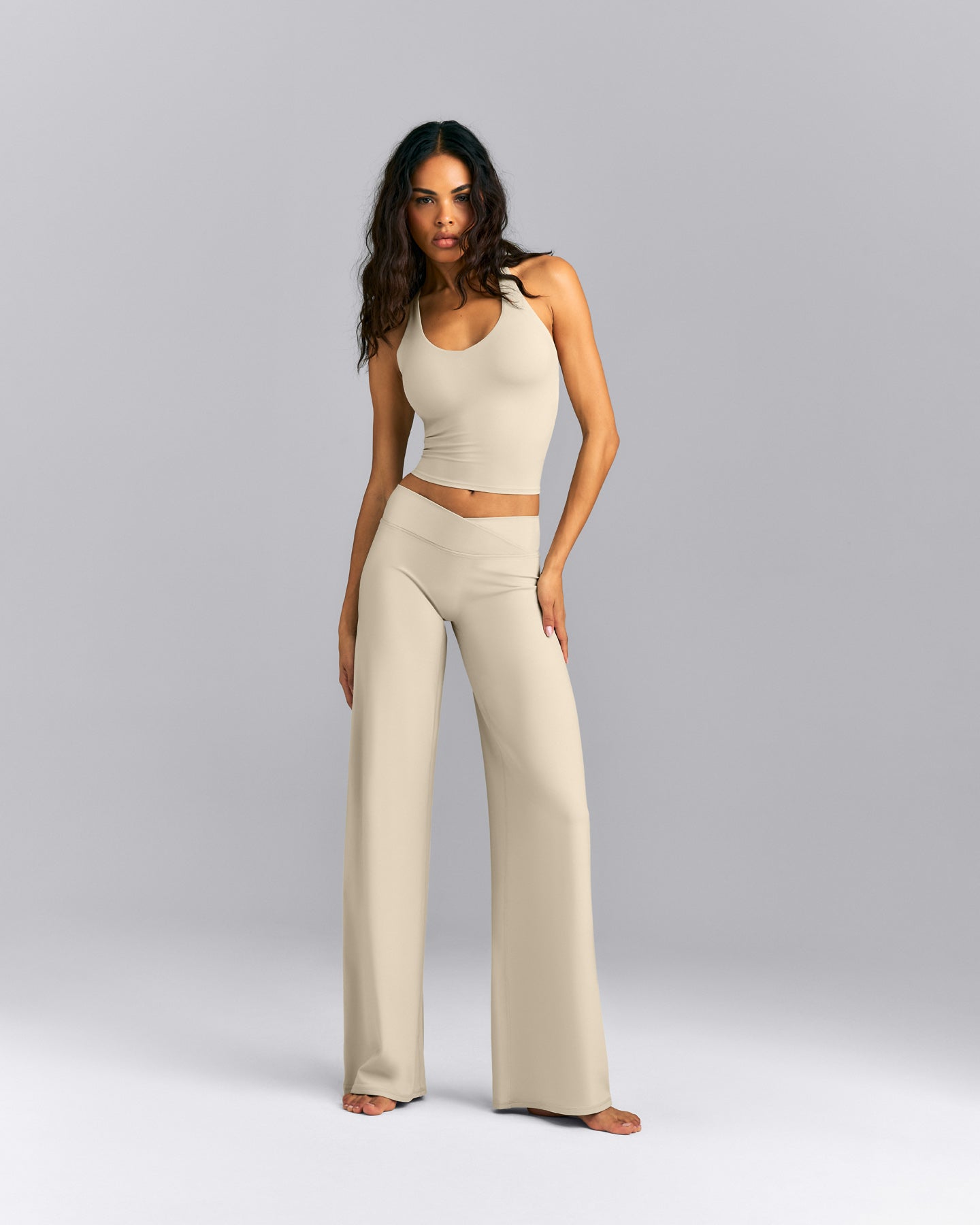 SoftMotion™ Racer Back Mid Tank Top with Built in Bra Shelf | Oatmeal