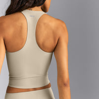SoftMotion™ Racer Back Mid Tank Top with Built in Bra Shelf | Oatmeal