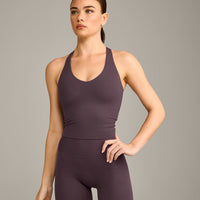 SoftMotion™ Racer Back Mid Vest with Built in Bra Shelf with Grey Logo | Dark Umber Brown