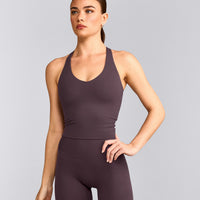 SoftMotion™ Racer Back Mid Vest with Built in Bra Shelf with Grey Logo | Dark Umber Brown