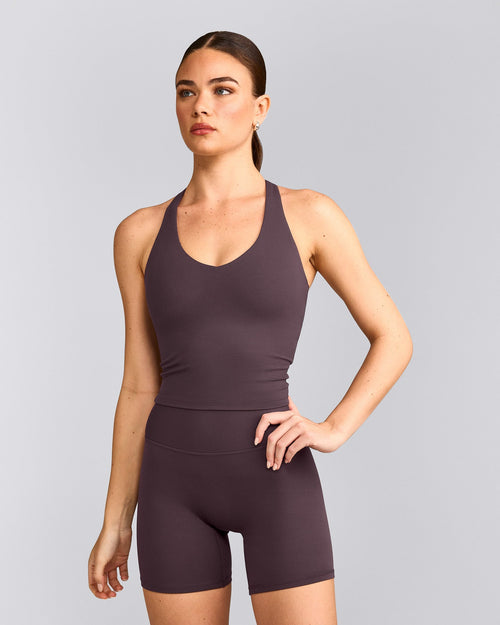 SoftMotion™ Racer Back Mid Vest with Built in Bra Shelf with Grey Logo | Dark Umber Brown