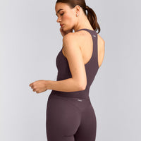 SoftMotion™ Racer Back Mid Vest with Built in Bra Shelf with Grey Logo | Dark Umber Brown