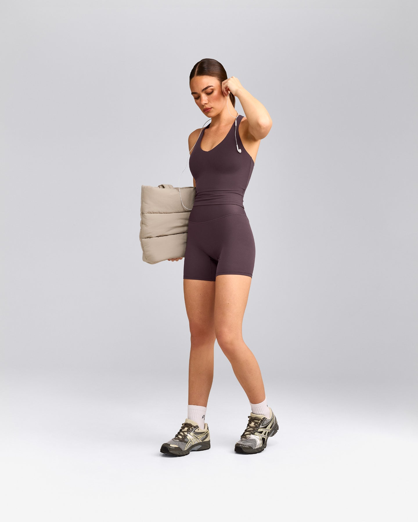SoftMotion™ Racer Back Mid Vest with Built in Bra Shelf with Grey Logo | Dark Umber Brown