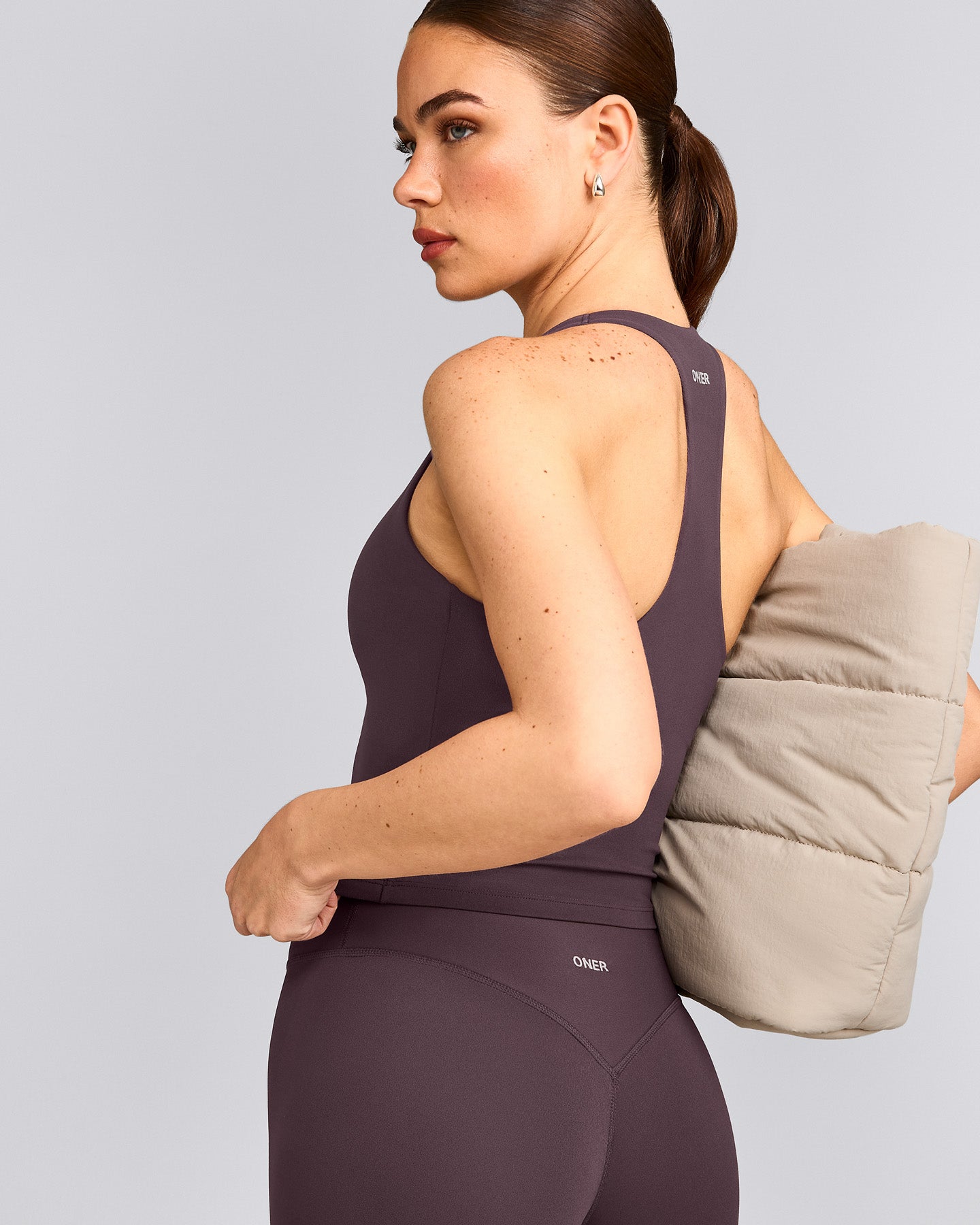 SoftMotion™ Racer Back Mid Vest with Built in Bra Shelf with Grey Logo | Dark Umber Brown