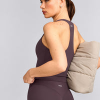 SoftMotion™ Racer Back Mid Vest with Built in Bra Shelf with Grey Logo | Dark Umber Brown