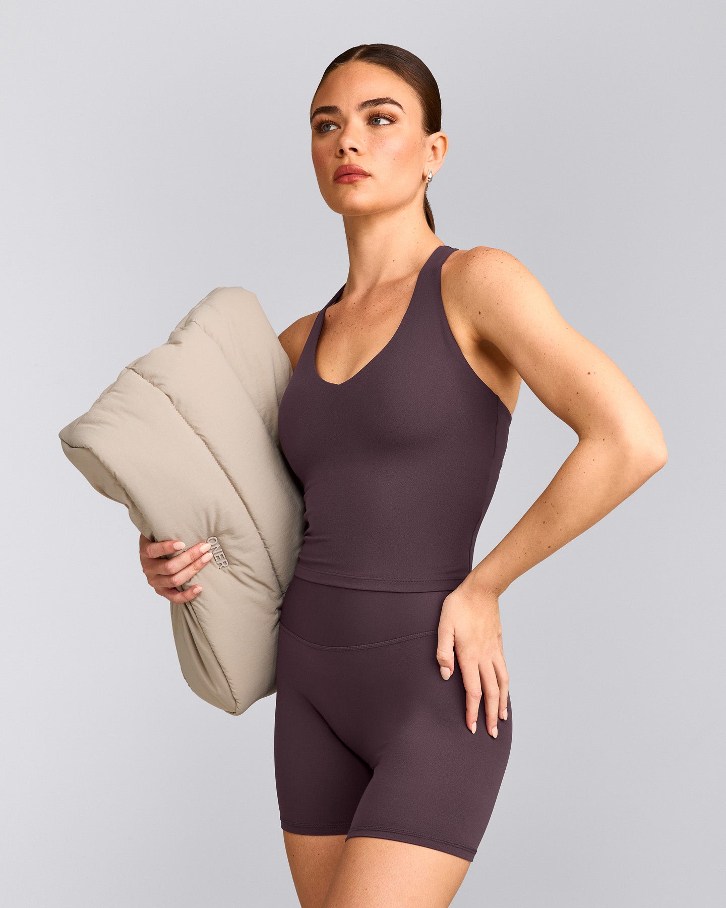 SoftMotion™ Racer Back Mid Vest with Built in Bra Shelf with Grey Logo | Dark Umber Brown