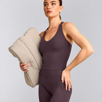 SoftMotion™ Racer Back Mid Vest with Built in Bra Shelf with Grey Logo | Dark Umber Brown