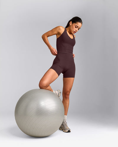 SoftMotion™ Racer Back Mid Vest with Built in Bra Shelf with Grey Logo | Plum Brown