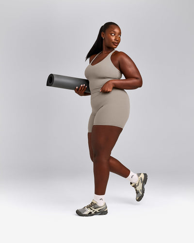 SoftMotion™ Racer Back Mid Vest with Built in Bra Shelf with White Logo | Warm Sand