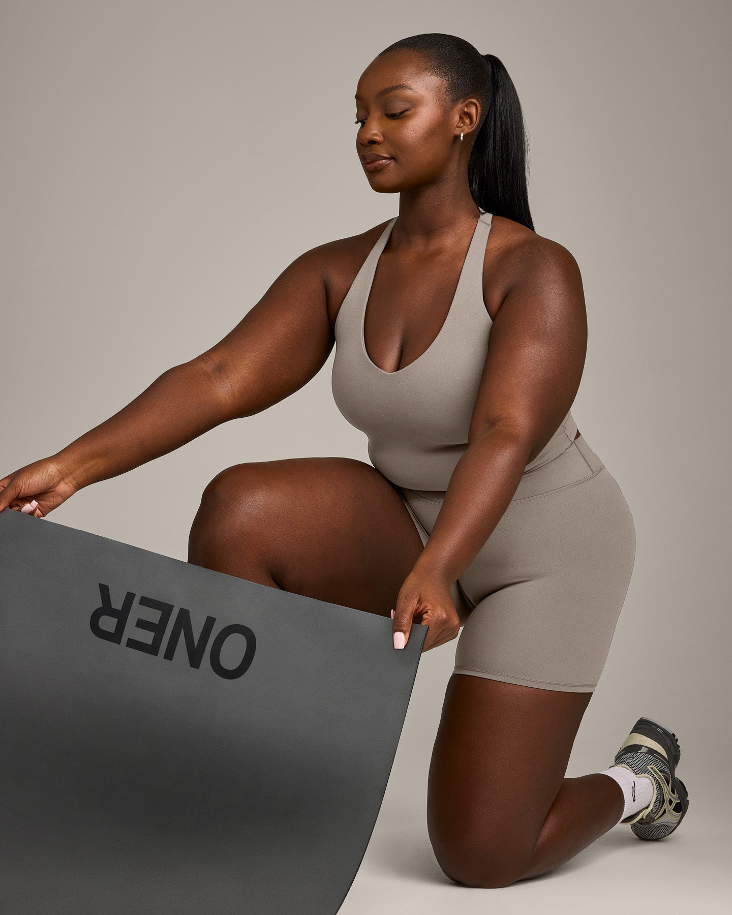 SoftMotion™ Racer Back Mid Vest with Built in Bra Shelf with White Logo | Warm Sand