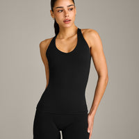 SoftMotion™ Racer Back Vest with Built in Bra Shelf with Grey Logo | Black