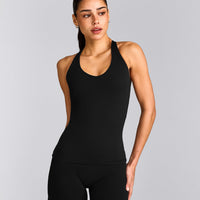 SoftMotion™ Racer Back Vest with Built in Bra Shelf with Grey Logo | Black