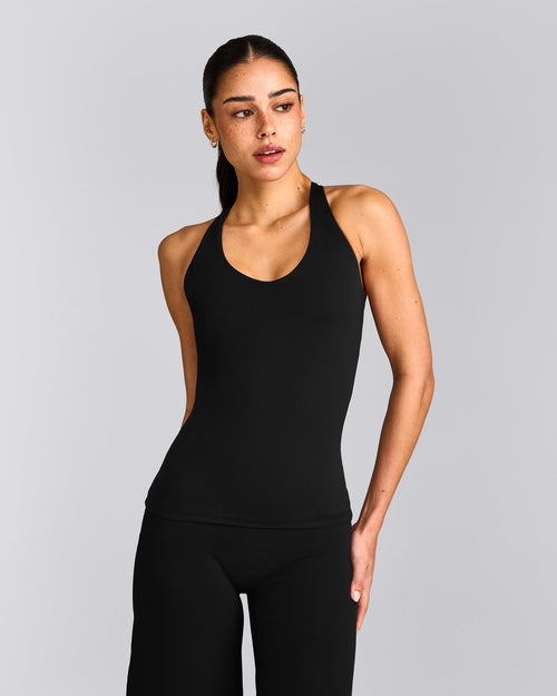 SoftMotion™ Racer Back Vest with Built in Bra Shelf with Grey Logo | Black