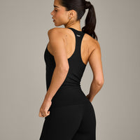 SoftMotion™ Racer Back Vest with Built in Bra Shelf with Grey Logo | Black