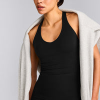SoftMotion™ Racer Back Vest with Built in Bra Shelf with Grey Logo | Black