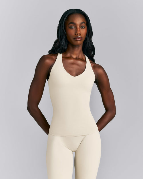 SoftMotion™ Racer Back Tank Top with Built in Bra Shelf | Oatmeal