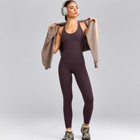 SoftMotion™ Racer Back Vest with Built in Bra Shelf with Grey Logo | Dark Umber Brown