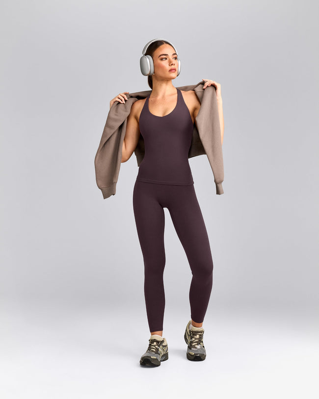 SoftMotion™ Racer Back Vest with Built in Bra Shelf with Grey Logo | Dark Umber Brown
