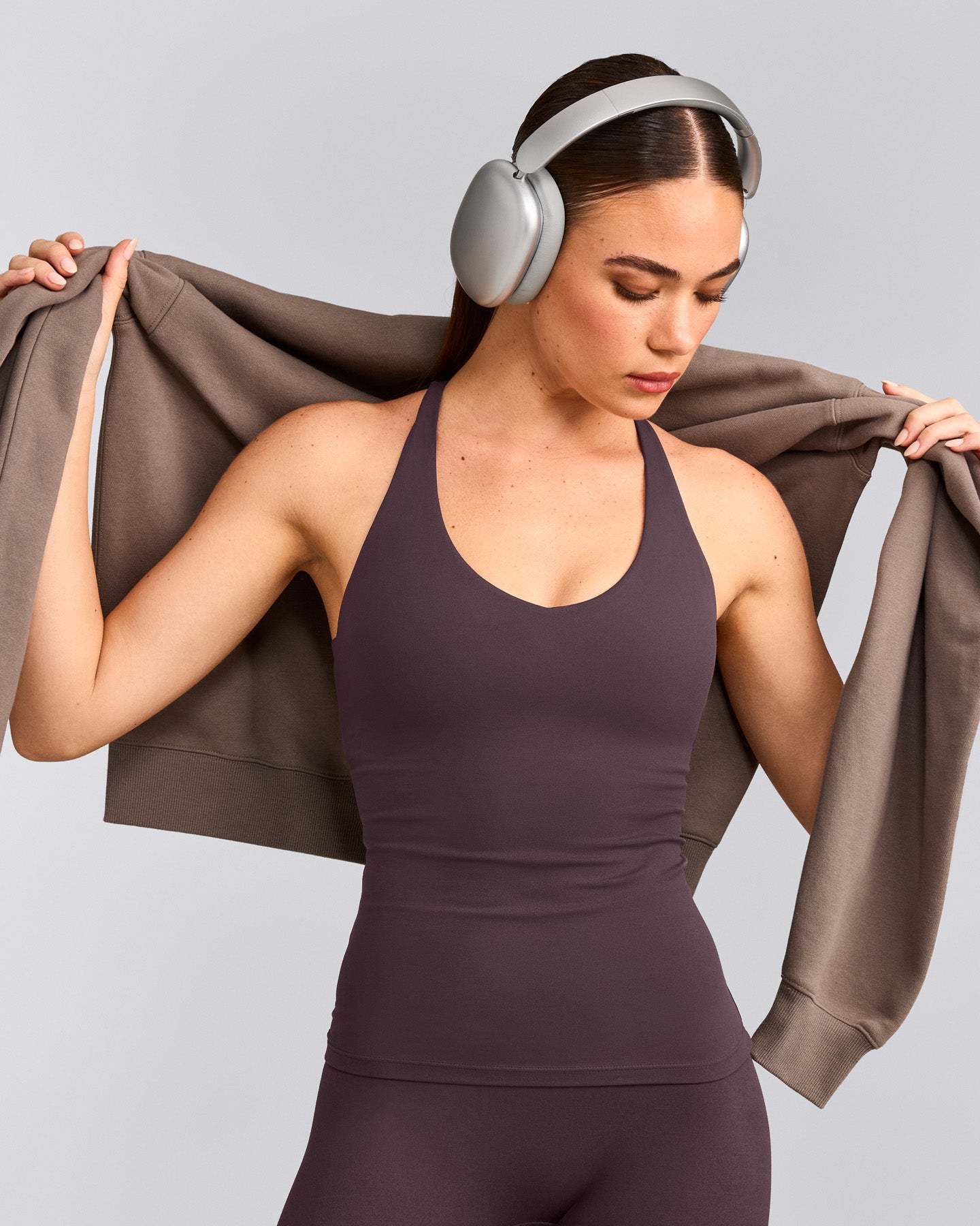 SoftMotion™ Racer Back Vest with Built in Bra Shelf with Grey Logo | Dark Umber Brown