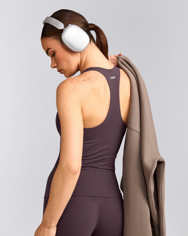 SoftMotion™ Racer Back Vest with Built in Bra Shelf with Grey Logo | Dark Umber Brown