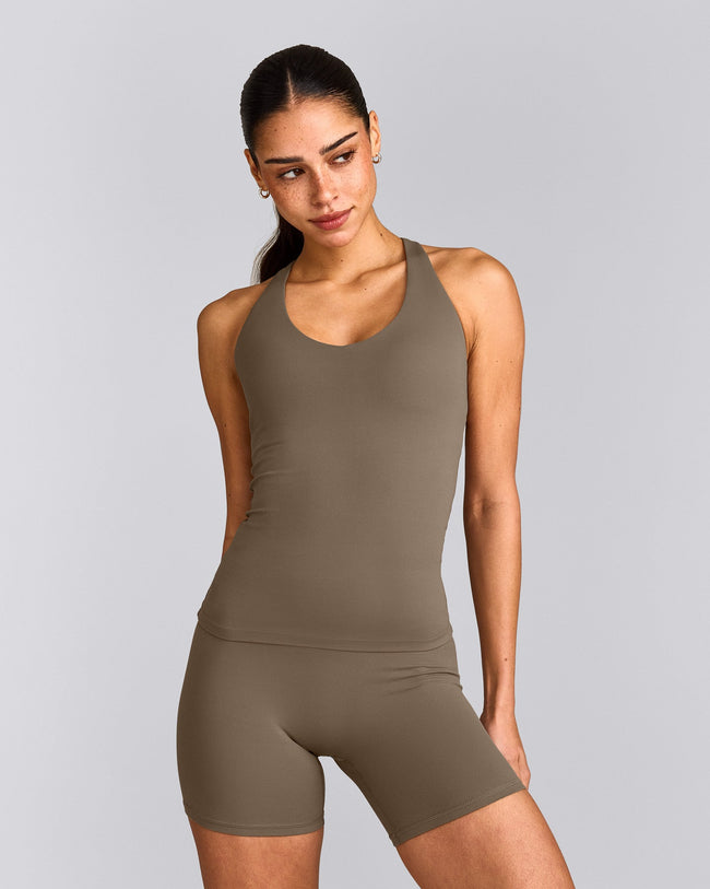 SoftMotion™ Racer Back Vest with Built in Bra Shelf with Grey Logo | Moss Brown