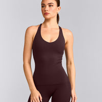 SoftMotion™ Racer Back Vest with Built in Bra Shelf with Grey Logo | Plum Brown