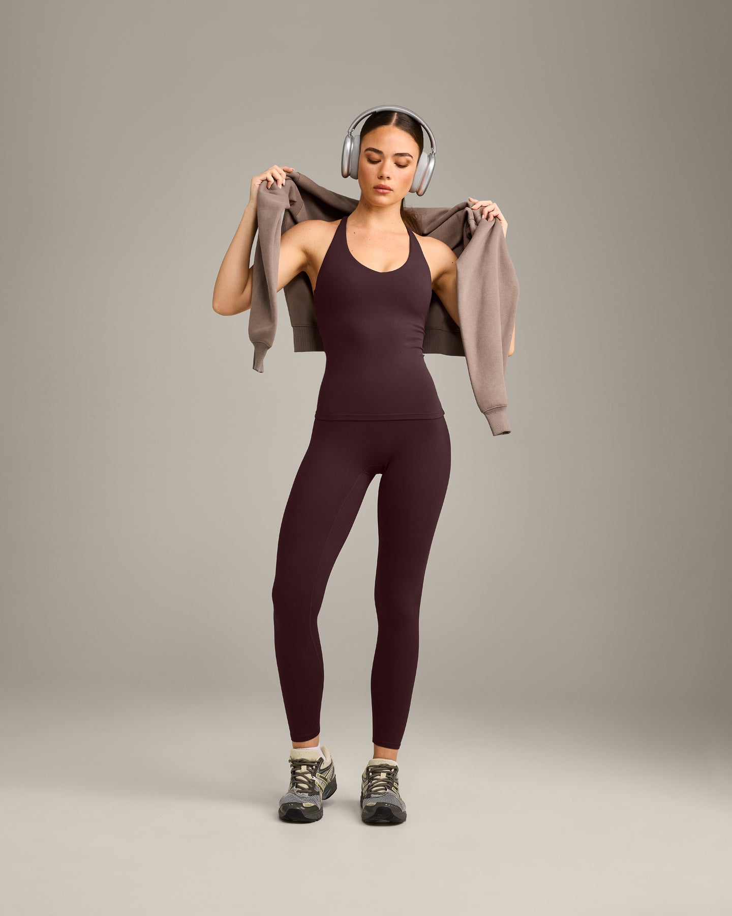 SoftMotion™ Racer Back Vest with Built in Bra Shelf with Grey Logo | Plum Brown