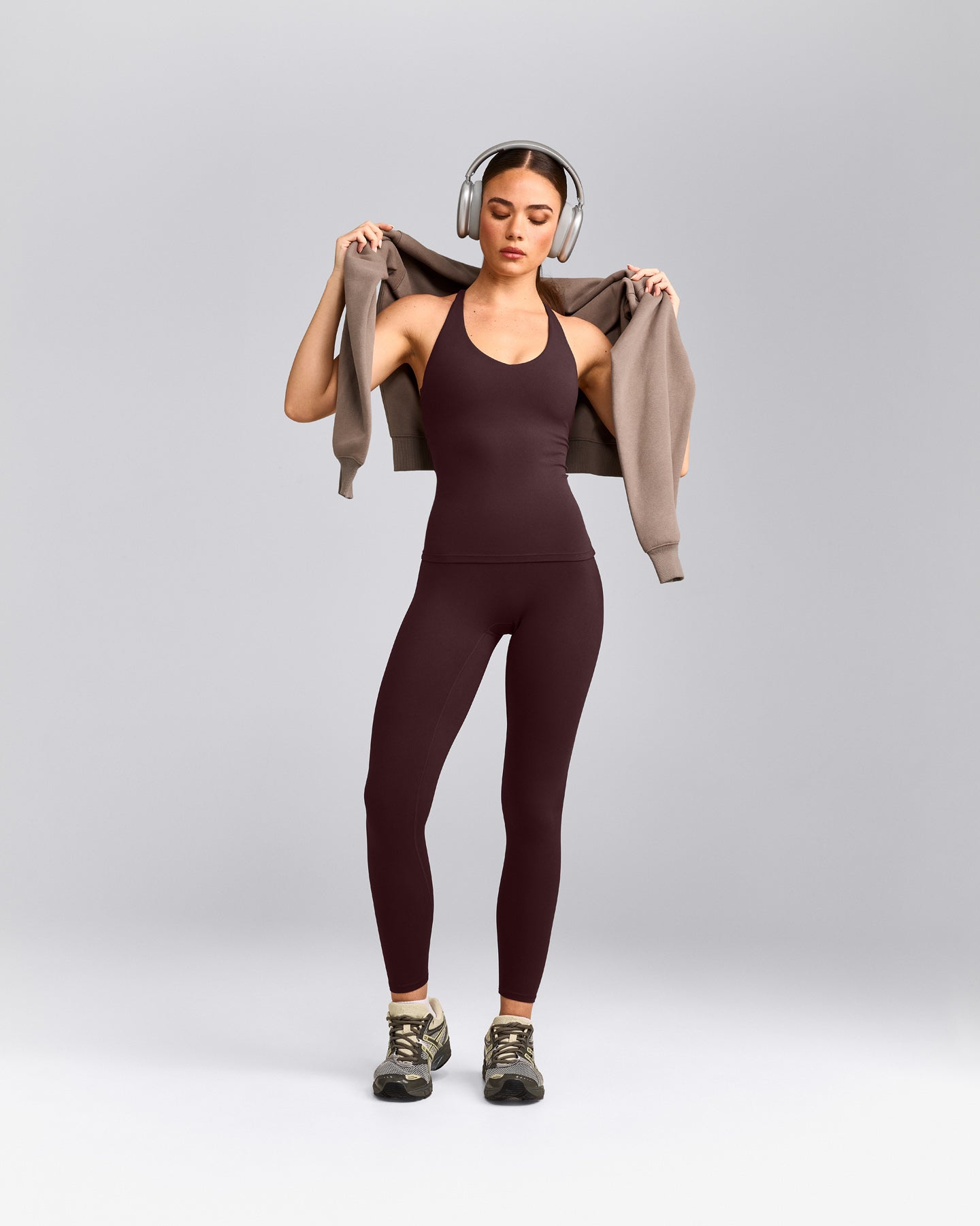 SoftMotion™ Racer Back Vest with Built in Bra Shelf with Grey Logo | Plum Brown