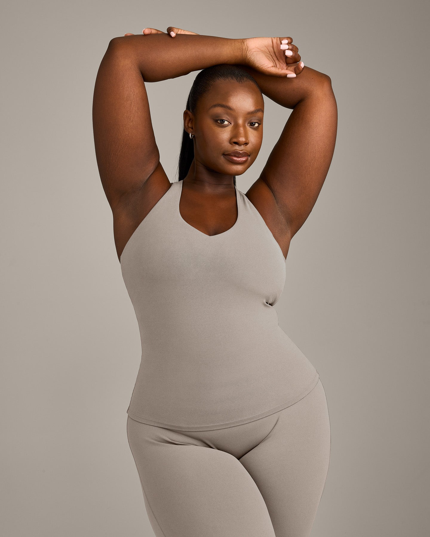 SoftMotion™ Racer Back Vest with Built in Bra Shelf with White Logo | Warm Sand