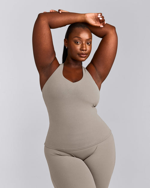 SoftMotion™ Racer Back Vest with Built in Bra Shelf with White Logo | Warm Sand