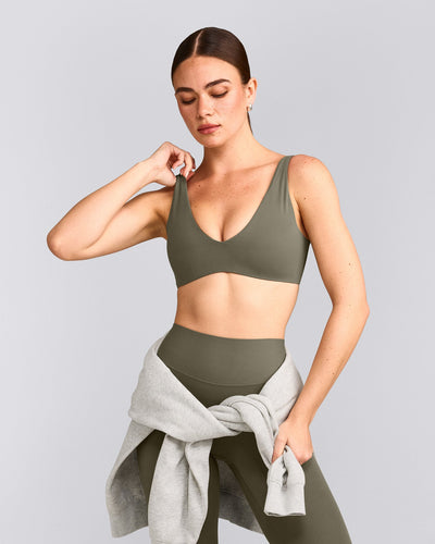 SoftMotion™ Scoop Back Bralette with Grey Logo | Alpine Green